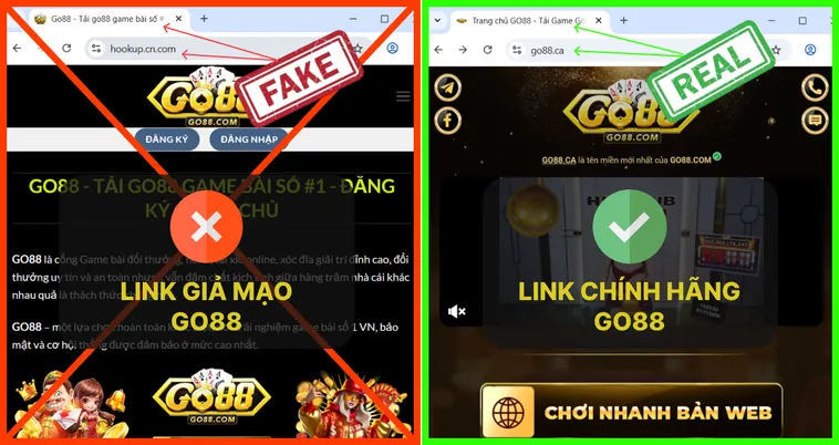 Tất cả đường dẫn bên trong link thật Go88.com đều trỏ tới các trang chuẩn, còn link giả Go88.com dẫn sang tên miền lạ.